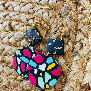 Pink and black marble drop earrings (hand made )